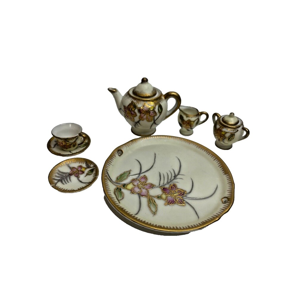 rare Vintage Japan Miniature Porcelain Tea Set Floral gilded Gold Trim (as is)